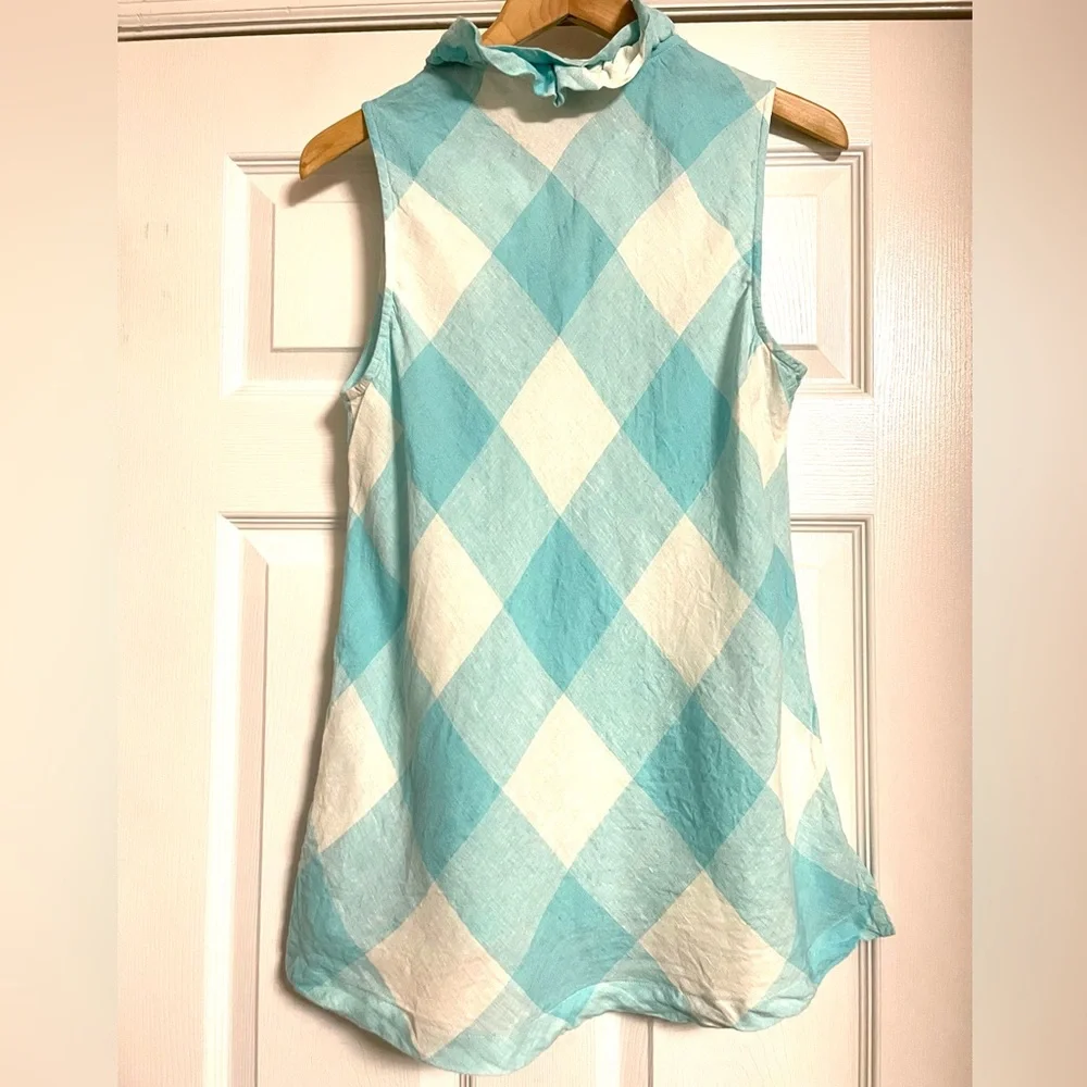 Crown & Ivy Aqua and White Sleeveless Ruffle Neck Linen Blouse XL - Picture 3 of 5